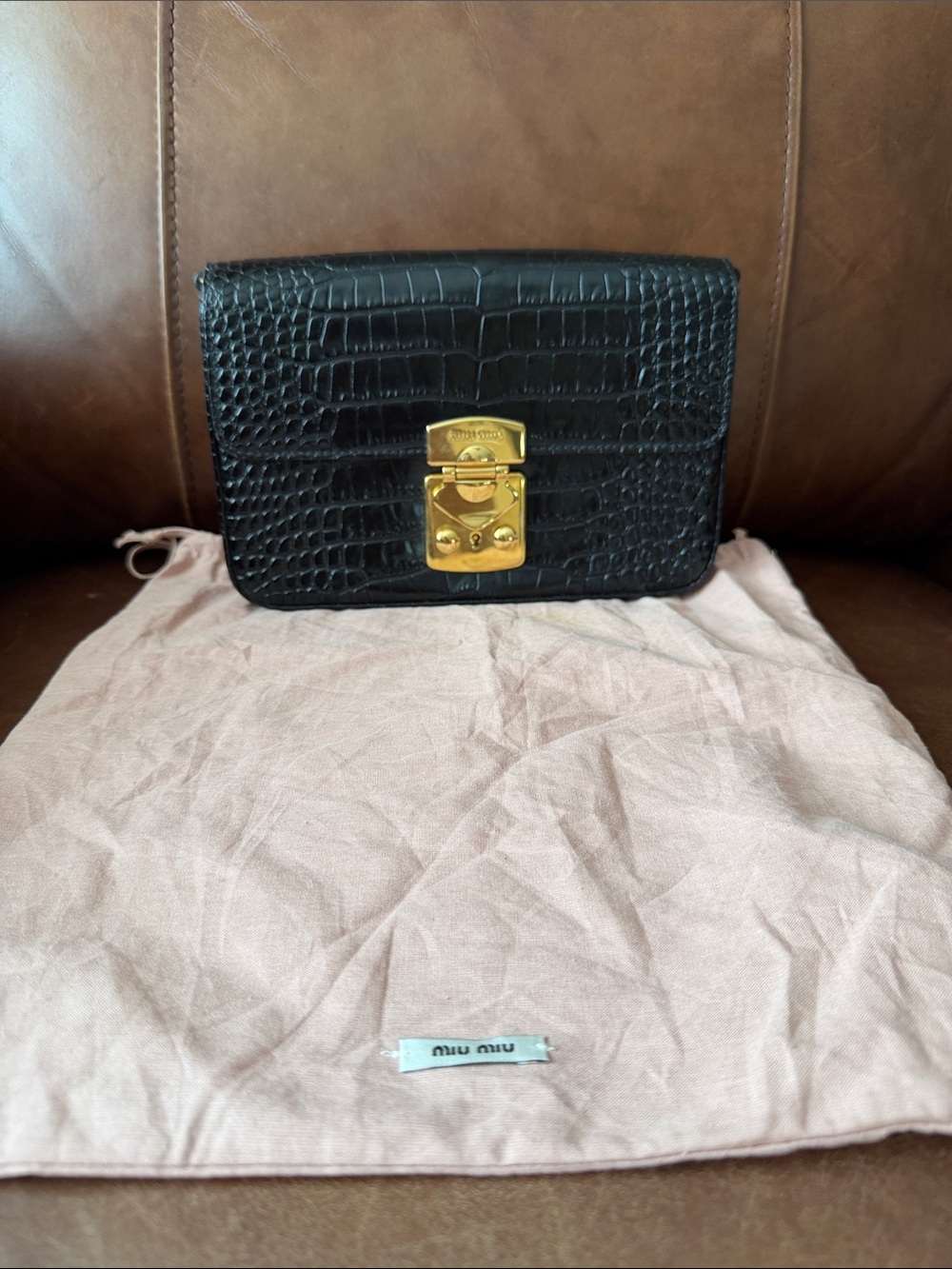 Miu Miu Black Croc-Embossed Mini Shoulder Bag with Gold Lock